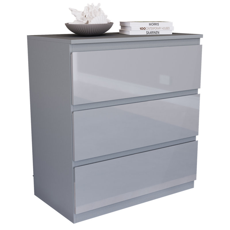 3 Drawer High Gloss Chest, (FSC 100%) Bedroom Home Furniture, Grey