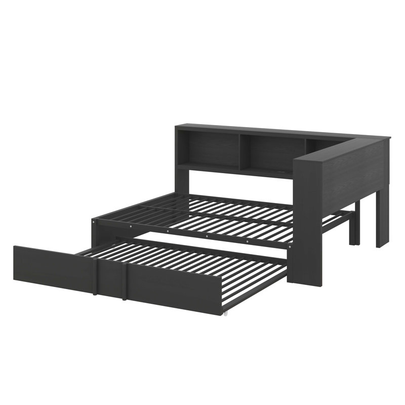 Lit de jour fonctionnel en métal avec lit gigogne escamotable et compartiments de rangement intégrés, Noir
