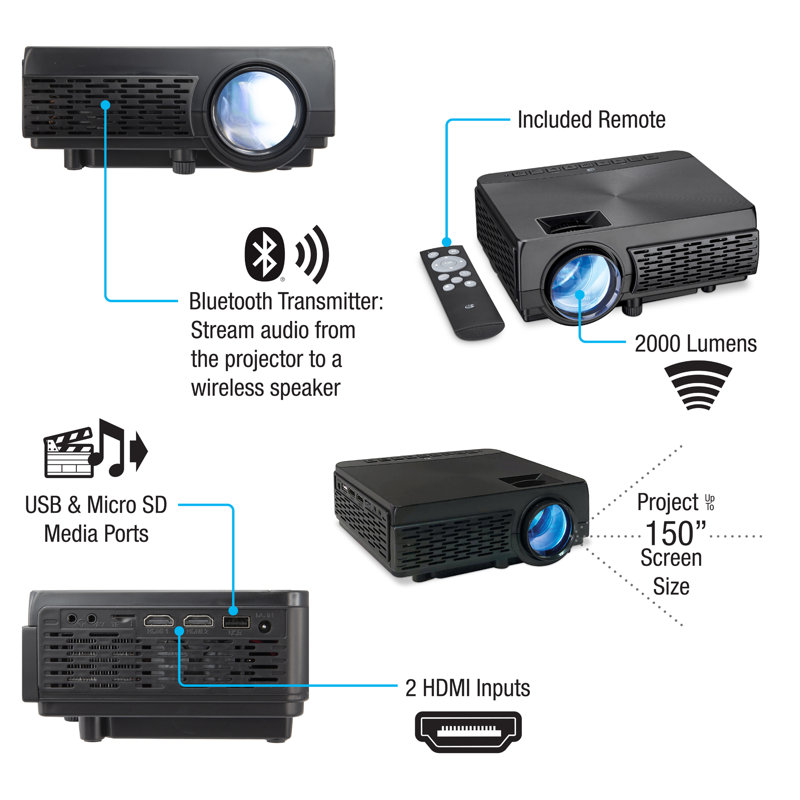 Black Mini Bluetooth DLP Projector with HDMI and USB