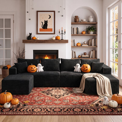 118''Black Corduroy U-Shaped Modular Sectional Sofa,Removable Cloud Couch with Chaise & Ottoman