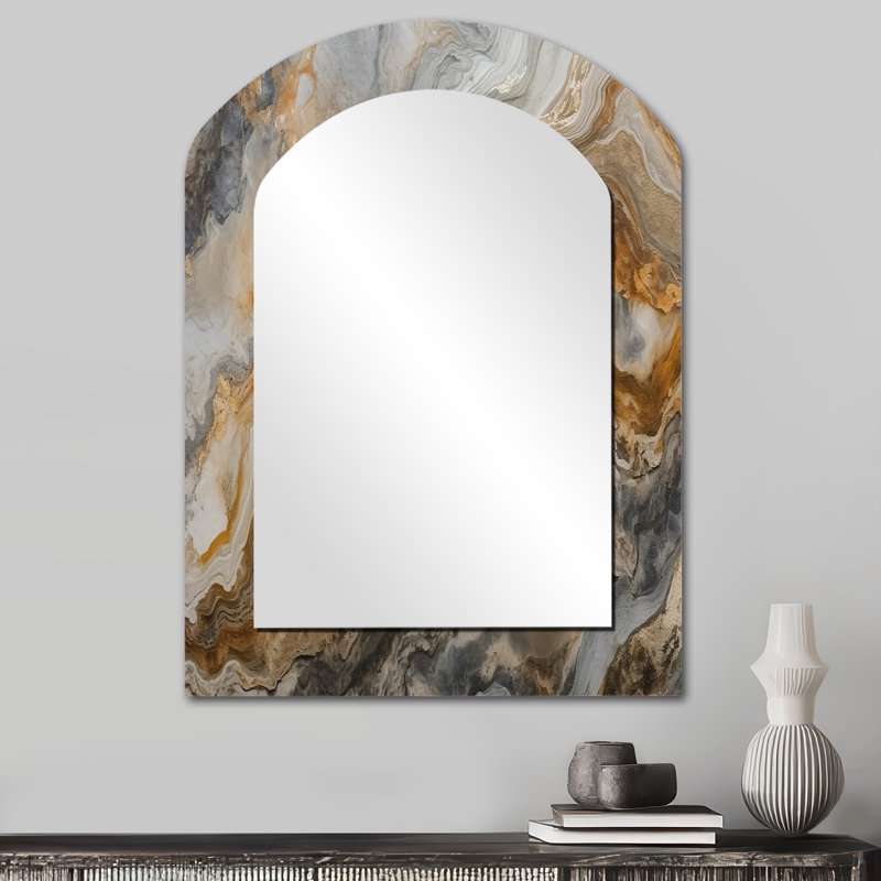 Or et gris A Marble Effect II - miroir asymétrique unique en marbre, grand miroir mural en arc doré, impression d'art en métal