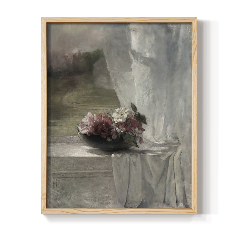 Impression florale rétro avec encadrement en bois massif, Naturel, H 21 po x l 17 po