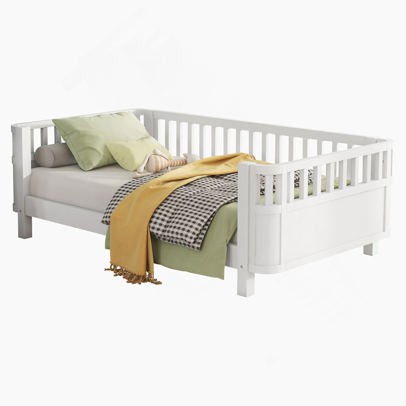 Lit plateforme en bois pour enfants, lit à profil bas en bois avec rails blanc (conception brevetée), Lit simple