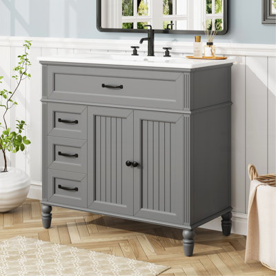 Meuble-lavabo 36 po avec lavabo, armoire de salle de bain avec tiroirs, structure solide et panneau de fibres à densité moyenne, un paquet, gris