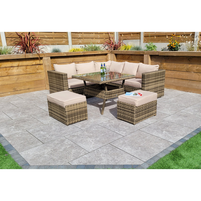 Adalie 6 - Person Patio Dining Set Square Table with Cushions Included, Brown/Nature
