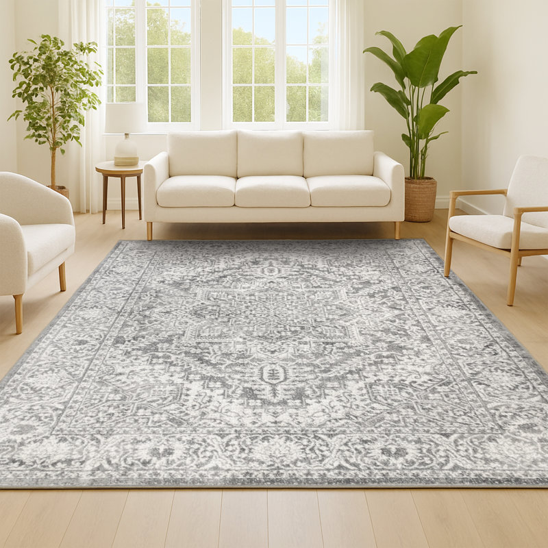 Blane Modern Persian Vintage Medallion Light Gray Rug, Rectangle 7'9" x 10'
