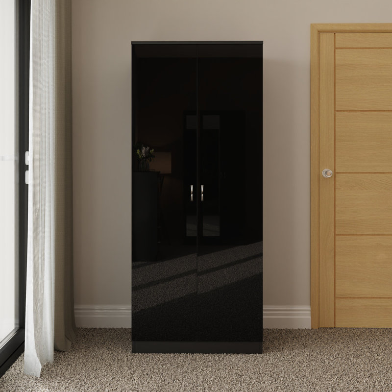 Brendle 2 Door Wardrobe - High Gloss Front, Soft Close Doors, Polished Metal Handles, Black