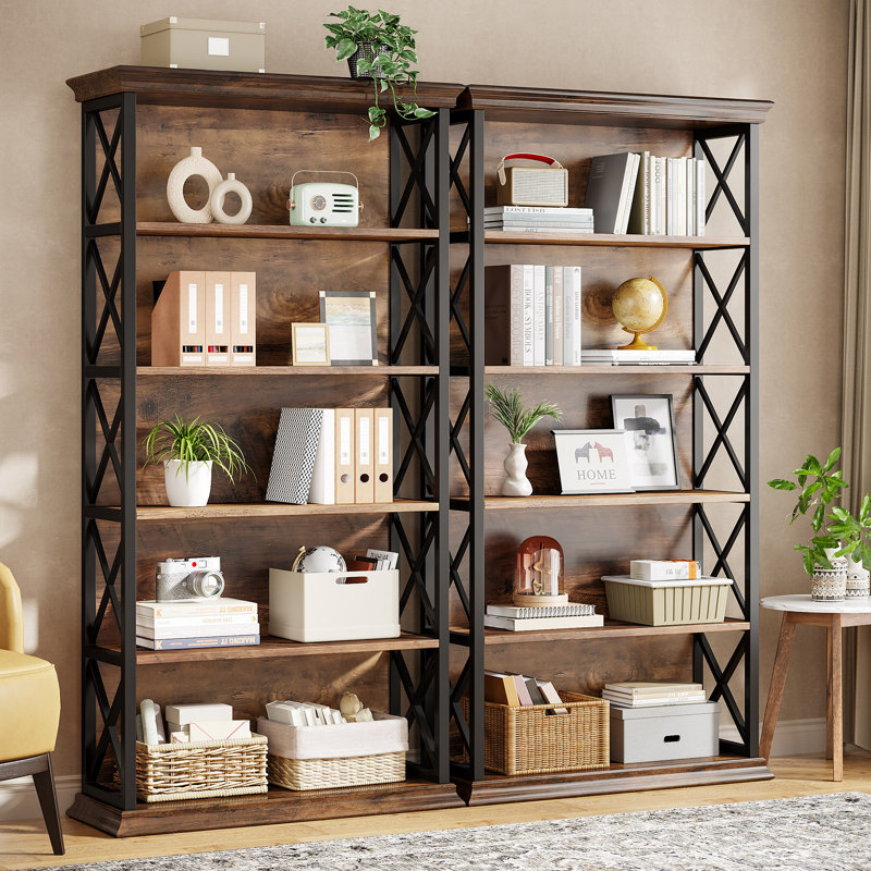 71" Etagere Bookshelf Set, 5-Shelf Industrial Bookcase For Home Office, Living Room, Rustic Brown/Black, 2