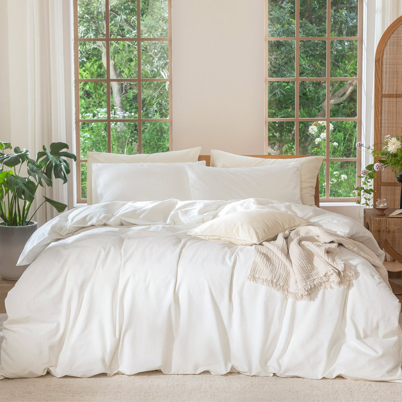 Ensemble de housse de couette 100% coton délavé MooMee, Housse de couette grand et 2 taies d'oreiller stan, Blanc cassé