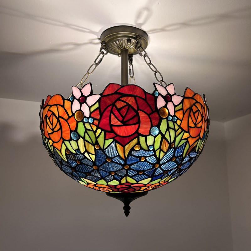 Tiffany Glass Flush Mount, Blue/Red/Orange