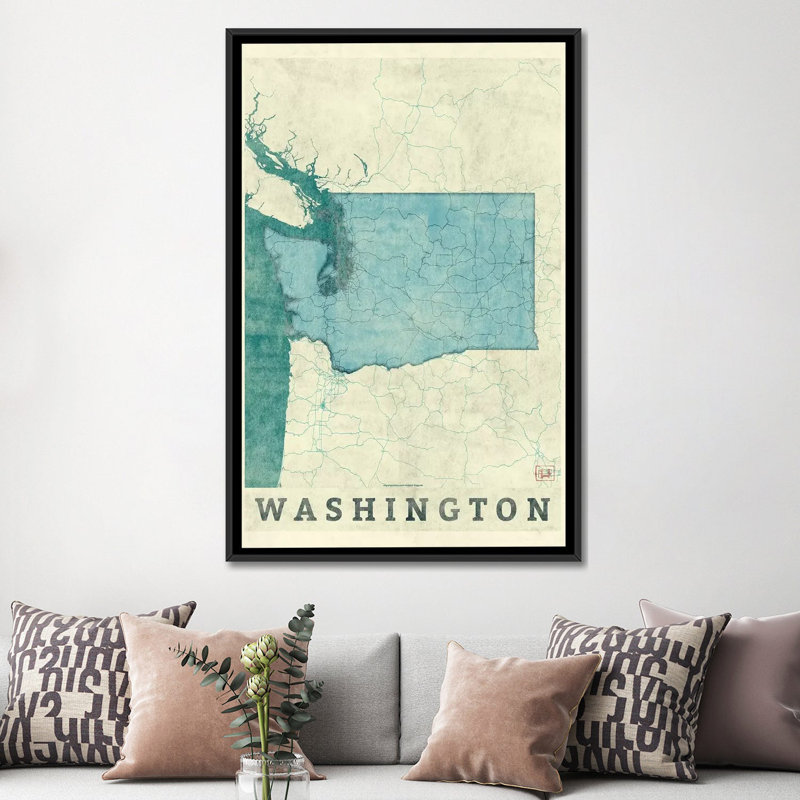 «Washington Map», impression sur toile, H 26 po x l 18 po x P 1,5 po, Toile avec cadre noir, Pas de tapis