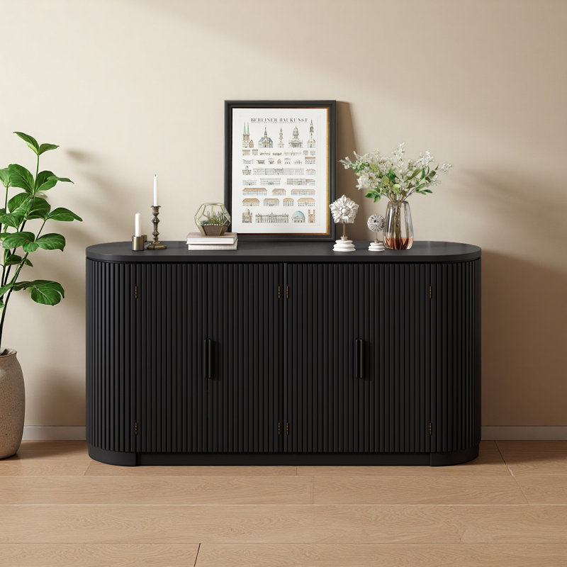 Vertical Striped Door Storage Cabinet With Metal Handles, Adjustable, Suitable For Study, Entryway And Living Room, Black