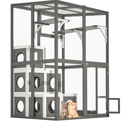 Solid Wood Cat Enclosure - 7 Napping Houses And 2 Jumping Platforms, Grey Exterior Playpen Houses, For Cats' Enjoyment