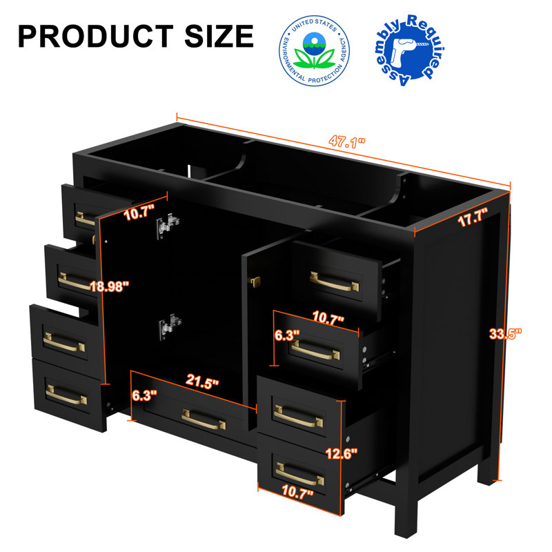 Base de meuble-lavabo simple 48 po moderne seulement, lavabo non inclus, Noir, Doré
