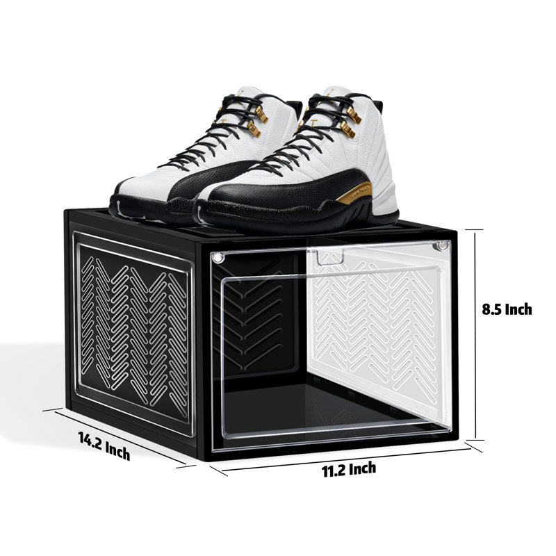 6 Pack Stackable Large Shoe Containers Shoe Storage Box with Hard Plastic Drop Front for Sneakers, Black