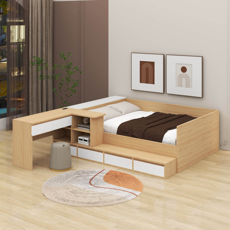 Lit plateforme double en bois avec tiroirs, tablettes et coiffeuse, Naturel