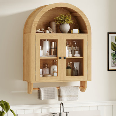 Arched Bathroom Wall Cabinet With Adjustable Shelves, Wall Mounted Bath Storage Cabinet with Towel Bar, Over The Toilet Organizer For Laundry Room