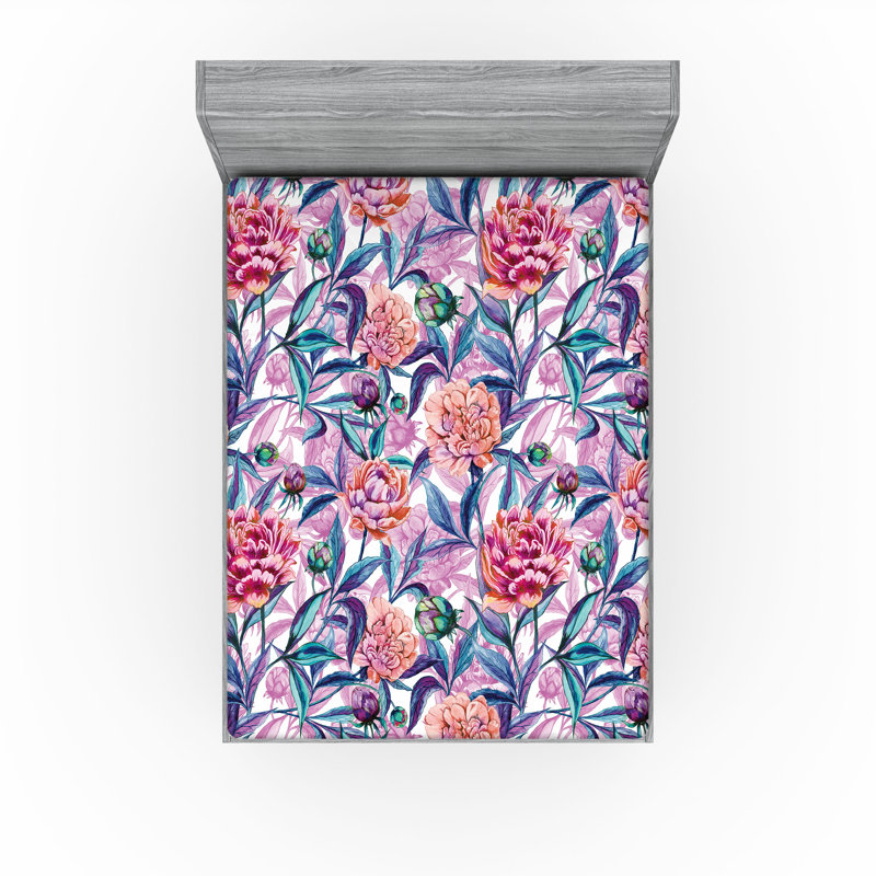 Drap-housse Ambesonne, Indigo, rose pâle, lilas / floral, Drap-housse de taille double