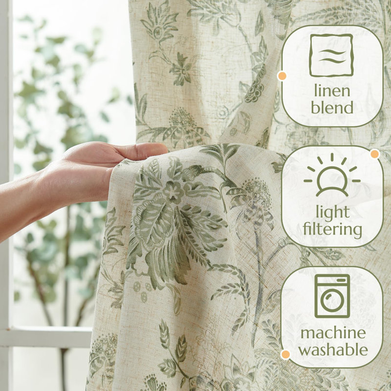 Whiteny Floral Semi-Sheer Curtain, 50" W x 63" L, Sage Green