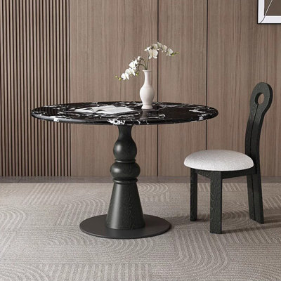 White+Black Round Marble+Solid Wood+Carbon Steel Dining Table