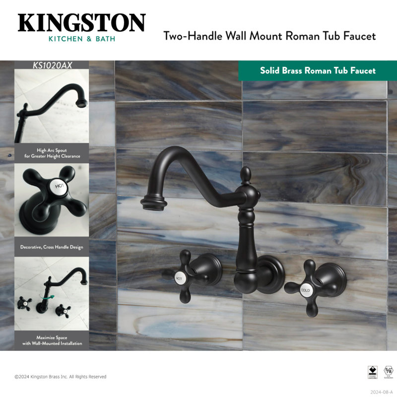 Kingston Brass Heritage Two-Handle 3-Hole Wall Mount Roman Tub Faucet, Matte Black
