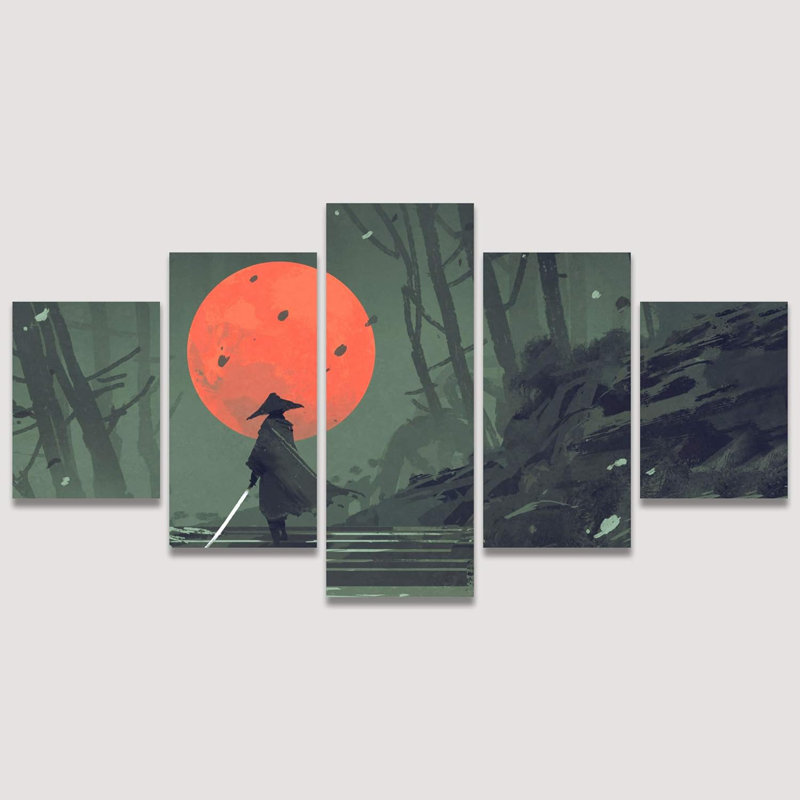 Japanese " Samurai Standing On Stairway In Night Forest With The Red Moon On Background " 5 - Pieces