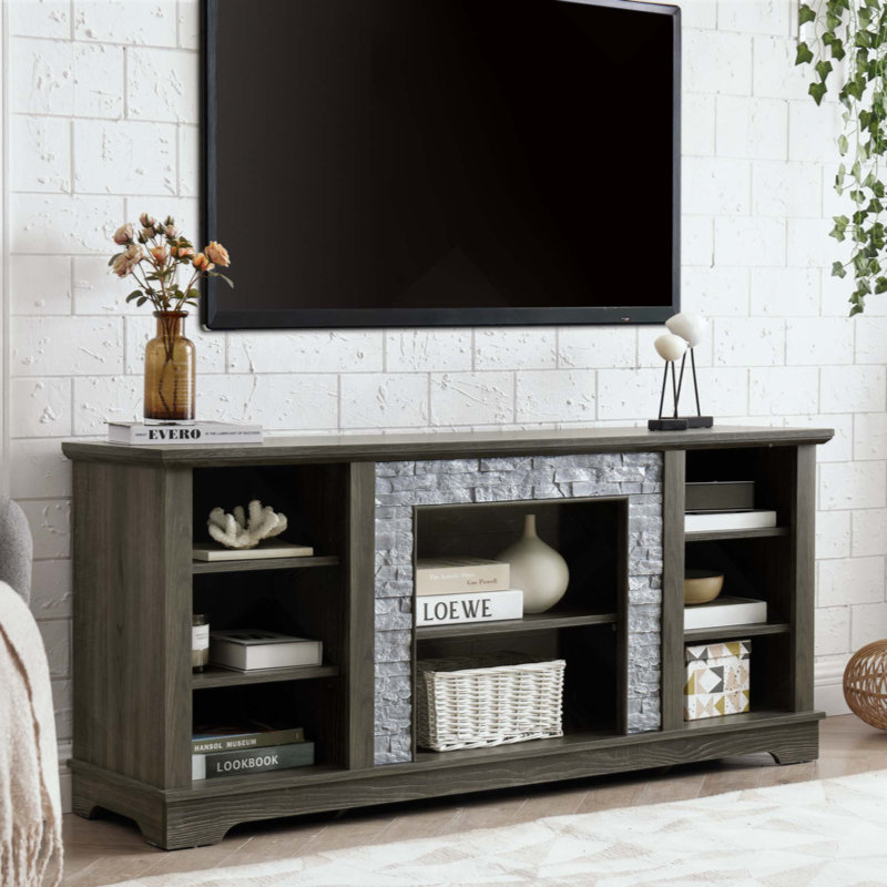 Mantel Stone TV Media Stand With With Faux Stacked Stone Surround, Modern Entertainment Console With Open Storage Space,Grey, 58.31"W*15.39"D*26.06"H