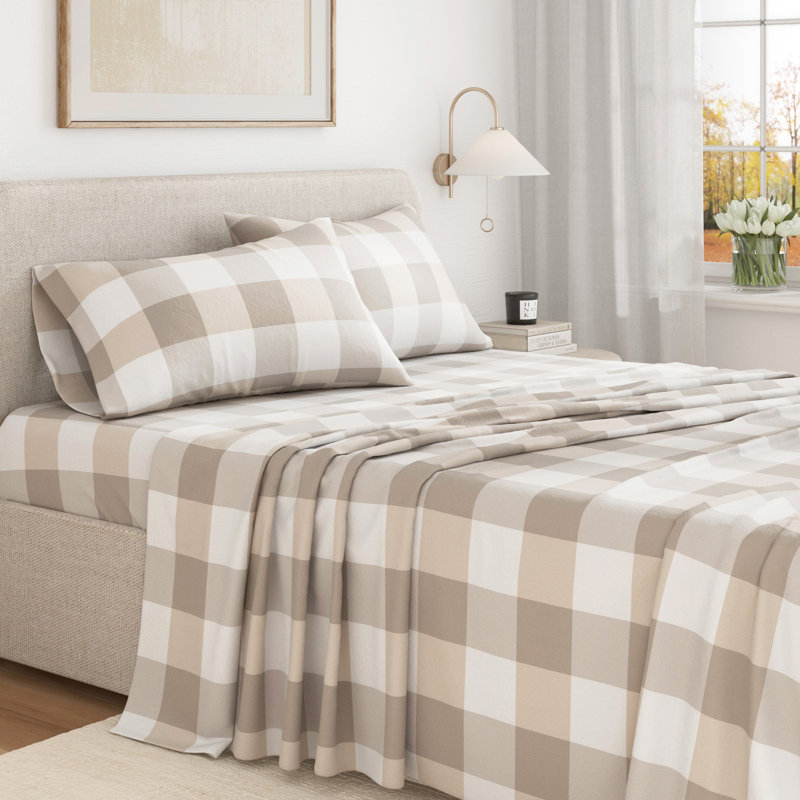 Ensemble de draps 100% flanelle de coton, Simple avec 1 taie d'oreiller, Gros carreaux - taupe doux / gris pâle
