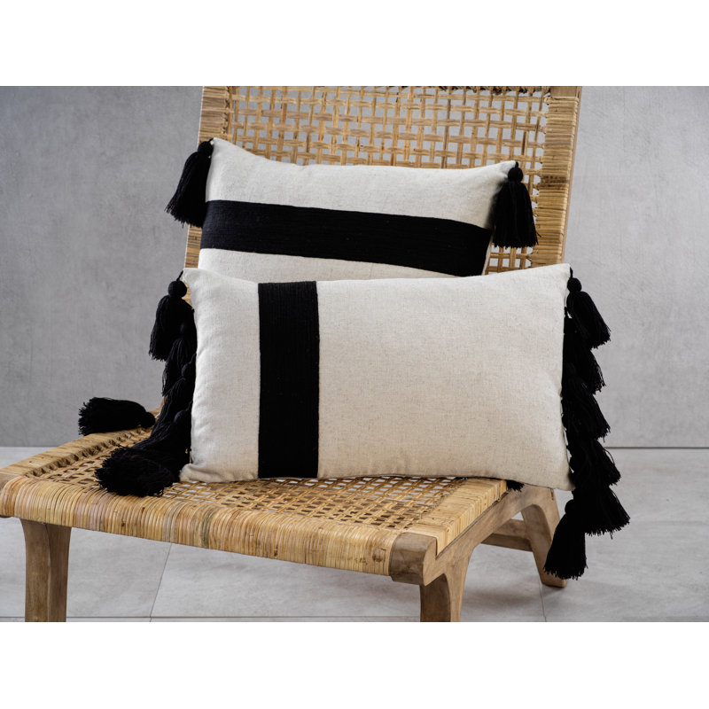 Positano Black Embroidered Cotton Throw Pillow with Tassels