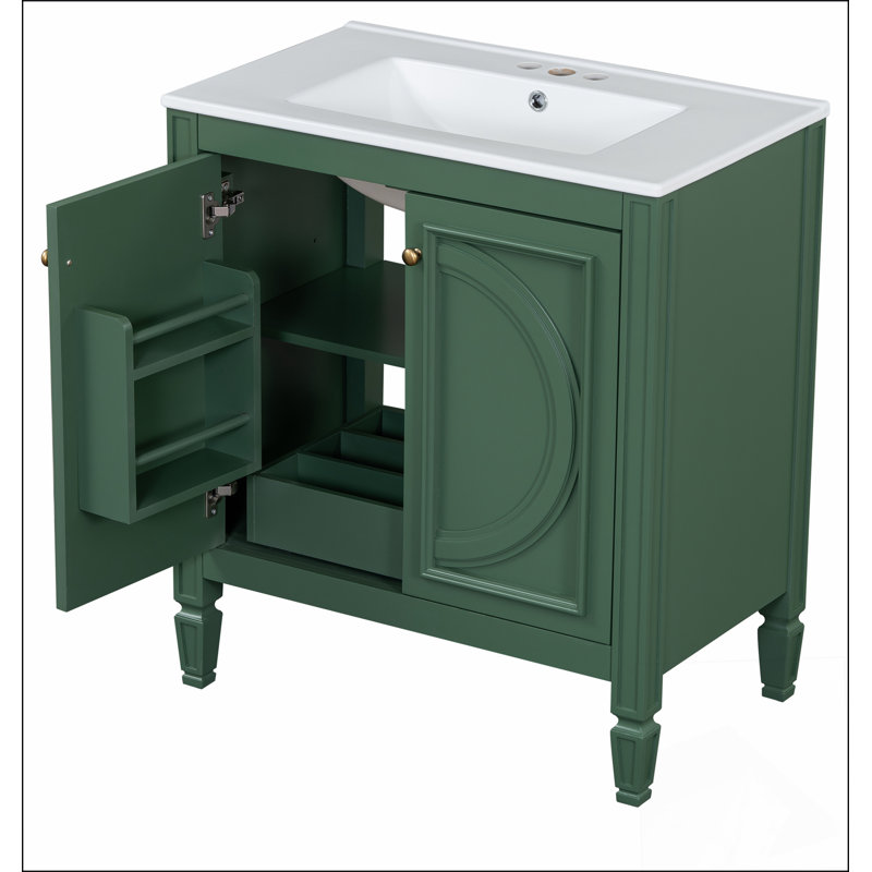 Meuble-lavabo 30 po avec lavabo, deux portes avec tablette, charnières de porte à fermeture en douceur, style rétro, vert