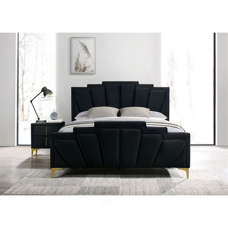Structure de lit rembourrée en flanelle Glam Classic, Noir et or, Grand lit
