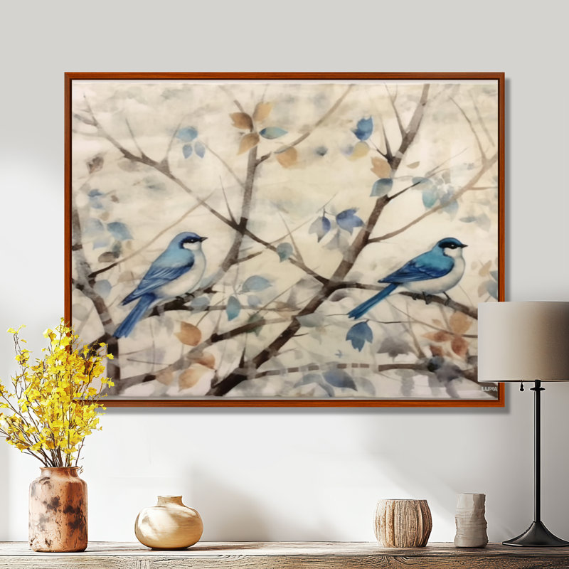 Bluebird Serenade, peinture à l'eau rétro I - oiseau, art mural, H 34 po x l 44 po x P 1,5 po, Cadre flottant brun