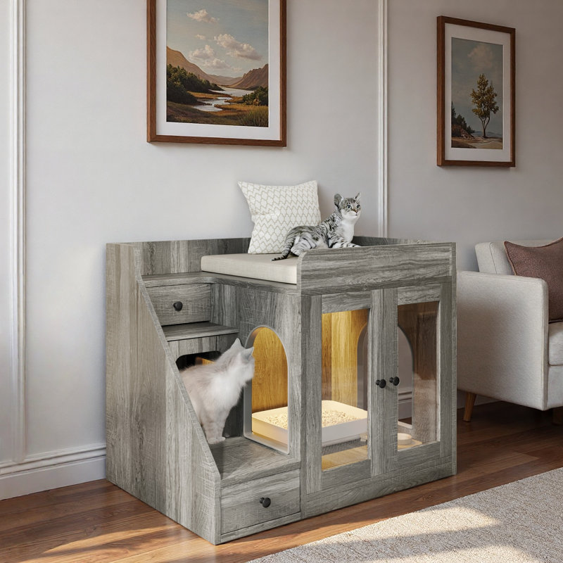 Enceinte de litière pour chat avec lumière, 2 tiroirs de rangement et maison pour chat confortable, Gris