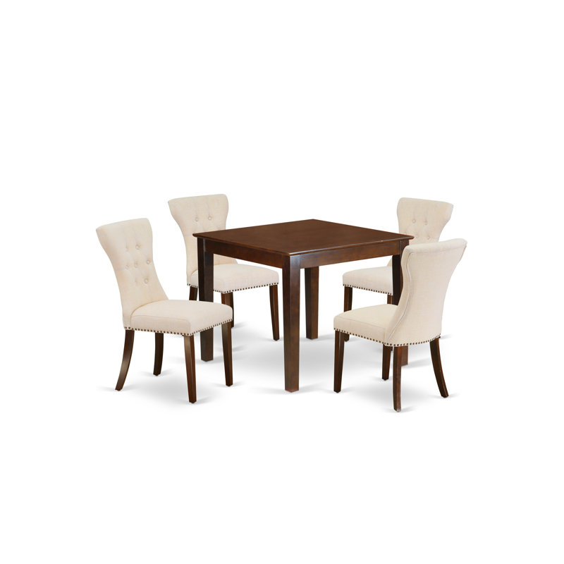 Ensemble de 5 pièces pour coin-repas pour 4 personnes comprenant une table de salle à manger carrée et 4 chaises de salle à manger Parson en tissu beige clair et acajou