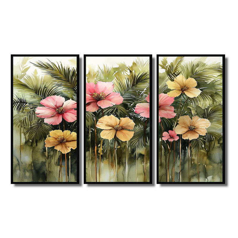 Hibiscus tropical dans une symphonie de printemps II - art mural hibiscus - 3 panneaux, H 28 po x l 36 po, Noir