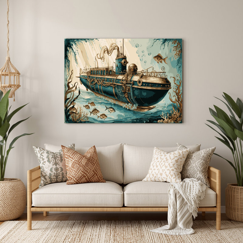 Transport, sous-marin, illustrations, art mural en métal brun, H 11 po x l 14 po