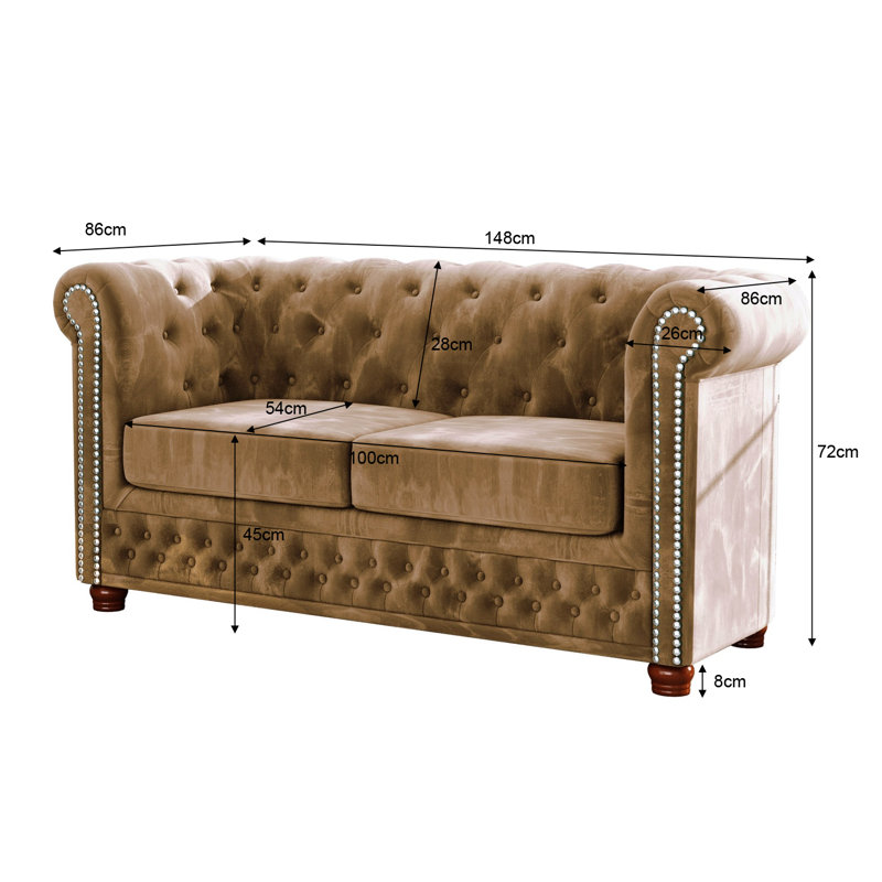 Chesterfield  Sofa 2 Seater Made of Velvet Fabric with Solid Wood Legs, Beige