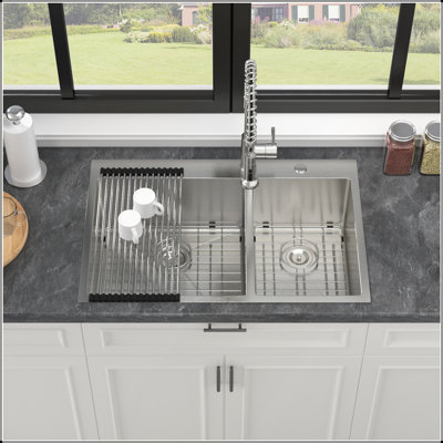 Évier double encastrable 60/40 à double cuve, 33 x 22 x 10 po, acier inoxydable de calibre 16 avec cuves profondes pour une utilisation efficace dans la cuisine