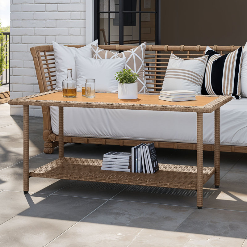 Rectangular All-Weather Wicker Outdoor Coffee Table with Storage