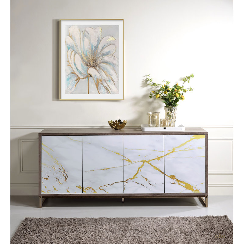 Console Paavan, peinture marbre blanc, chêne et champagne AC02343