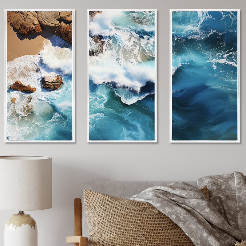 Ciel bleu ciel, vagues côtières I - plage, art mural, Cadre flottant blanc, H 32 po x l 48 po x P 1 po