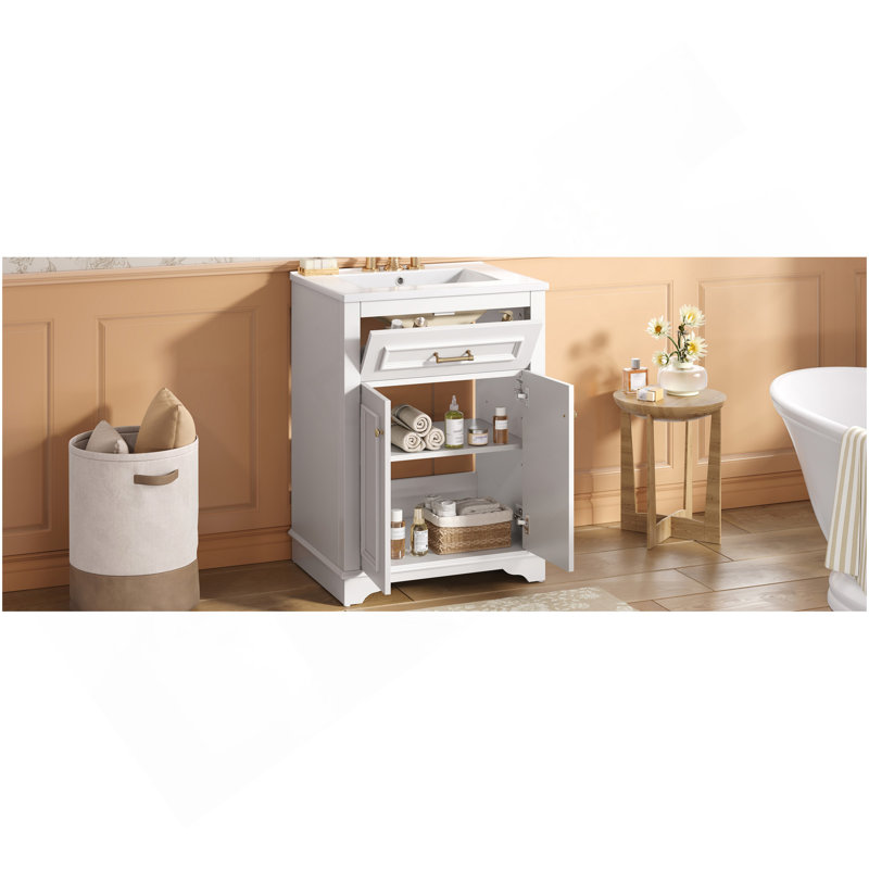 24" Bathroom Vanity With Integrated Ceramic Sink, Bathroom Cabinet With 2 Doors, 1 Tip-Out Drawer, Single Sink Bathroom Vanity For Small And Medium Restroom, White