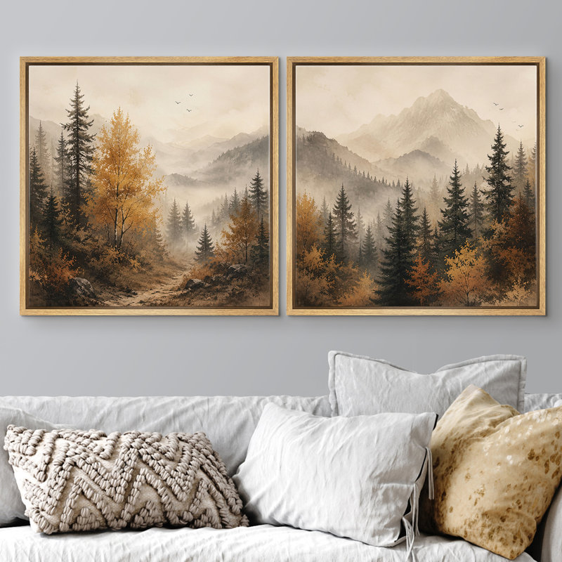 Misty Mountain Pine Forest with Warm Autumn Trees and Rustic Nature, ensemble de 2 reproductions d'art encadrées