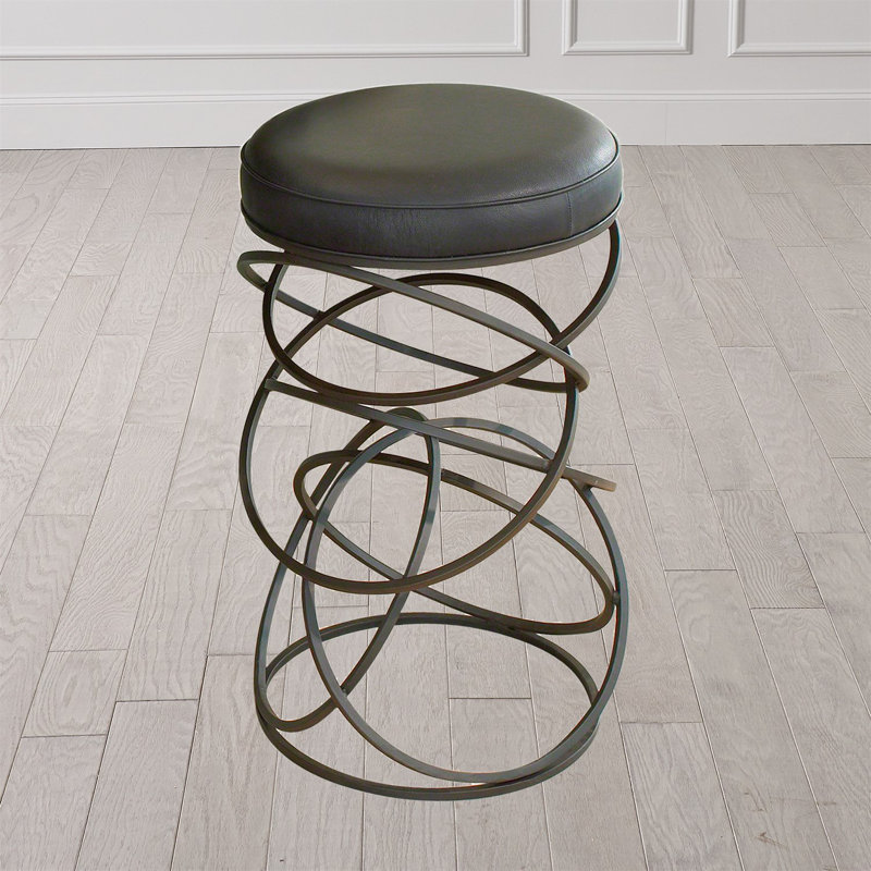Industrial Chic Black Leather and Iron Ring Counter Stool