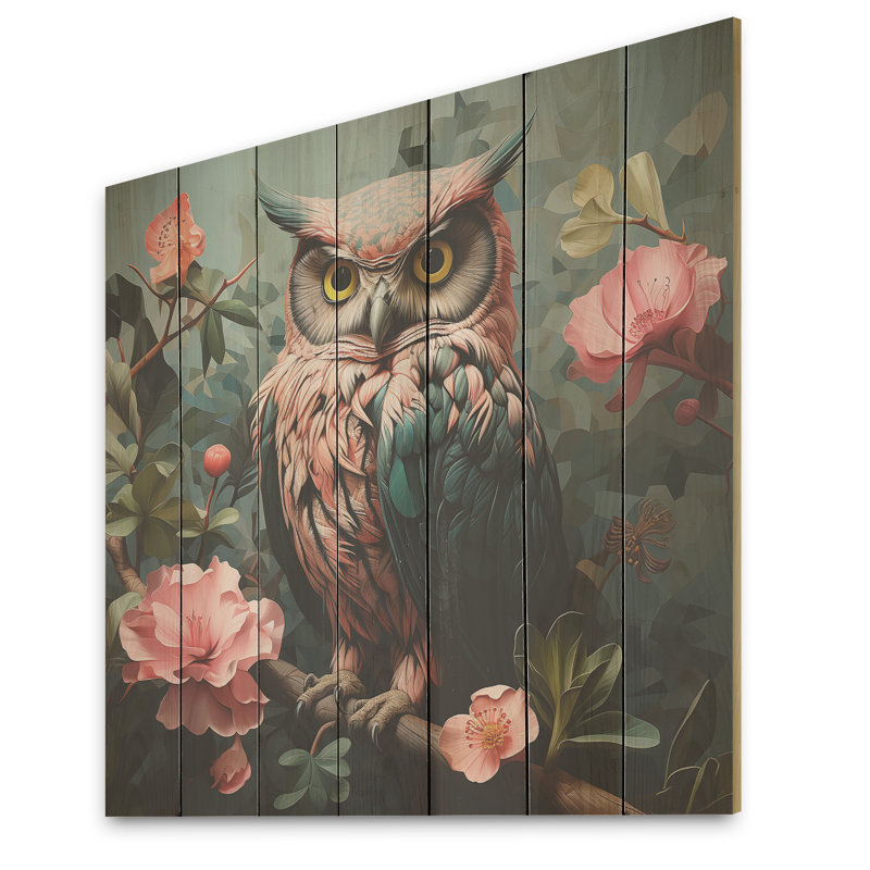 Blue And Pink Owls Gaze Floral Forest II - Owl Animal On Wood Print, 15" H x 15" W