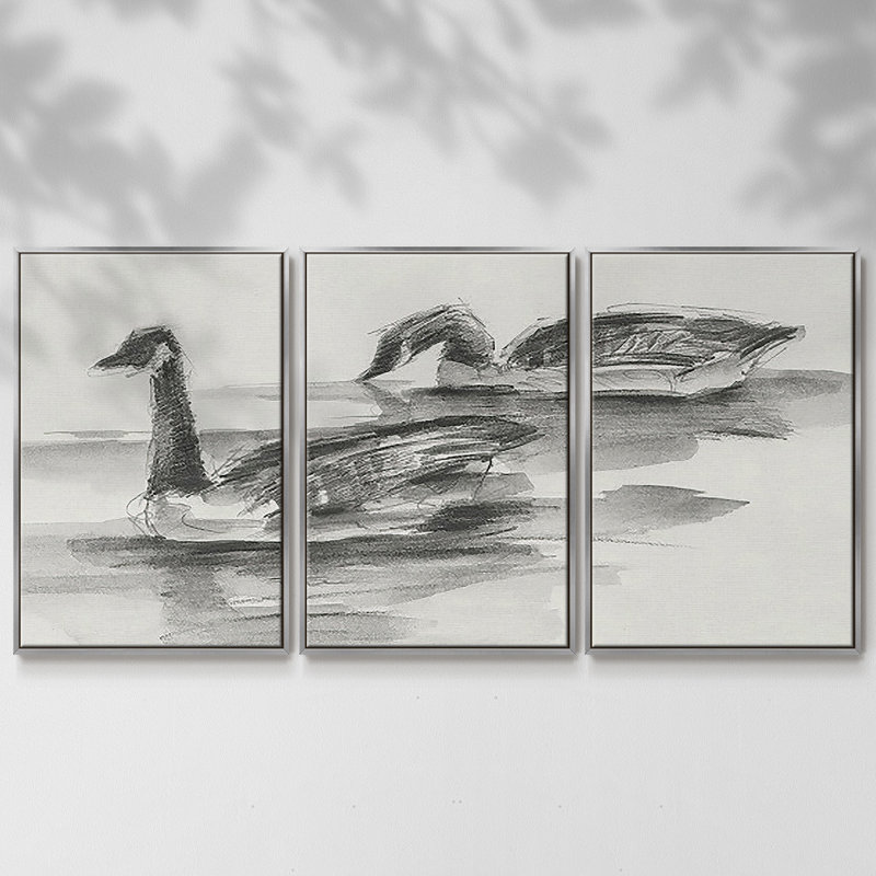 Étude d'oies II 3 pièces, H 24 po x l 48 po x P 2 po, Argent