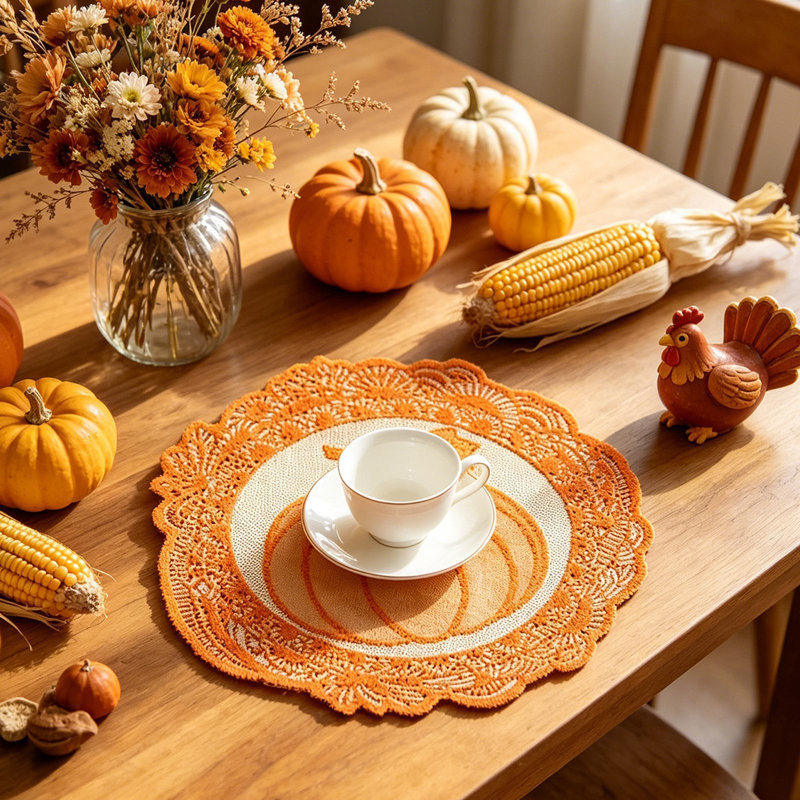 Napperons ronds en dentelle à motif citrouille d'automne, 30 cm, tricotés, orange, pour la décoration de table de l'Action de grâce, pour la maison ou les fêtes.