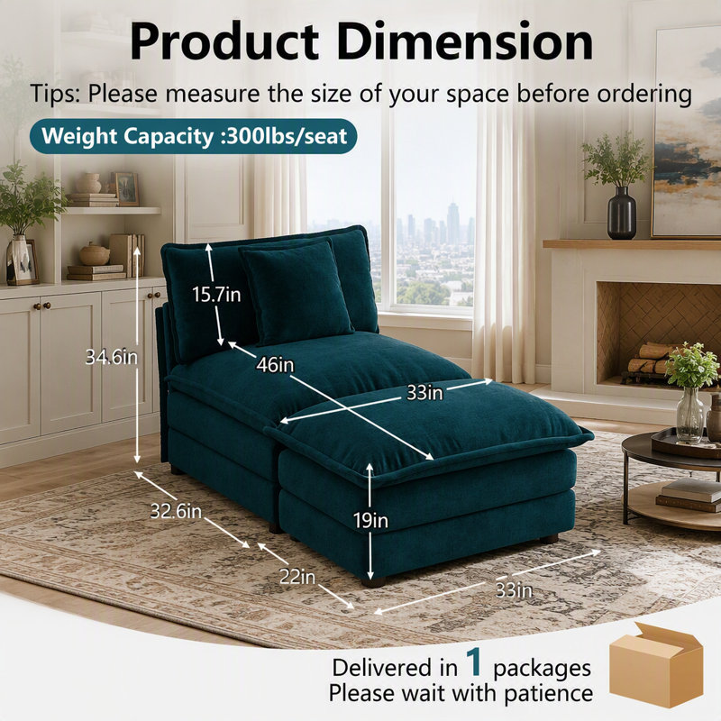 Canapé d'angle modulaire Allure, bleu sans accoudoirs, 1 place avec pouf, chenille pour salon