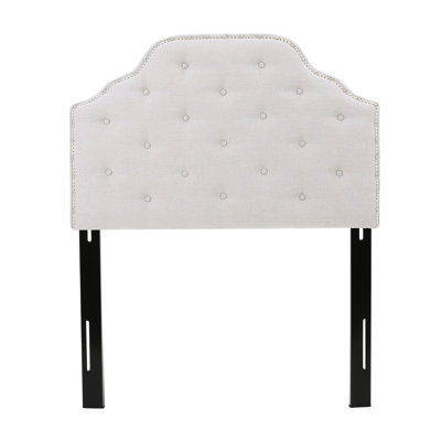 Twin Sized Headboard In Grey Featuring Stylish Button Tufting And Adjustable Legs Fabric With Elegant Nailhead Accents