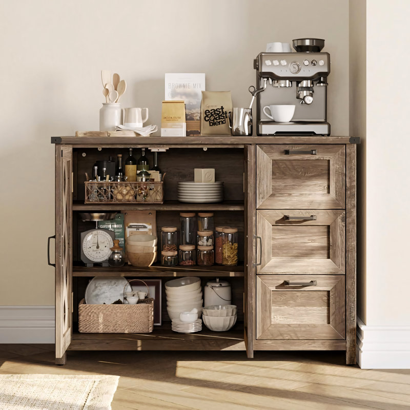 43" Sideboard Buffet Cabinet with Drawers, Shelves & Doors, Light Brown